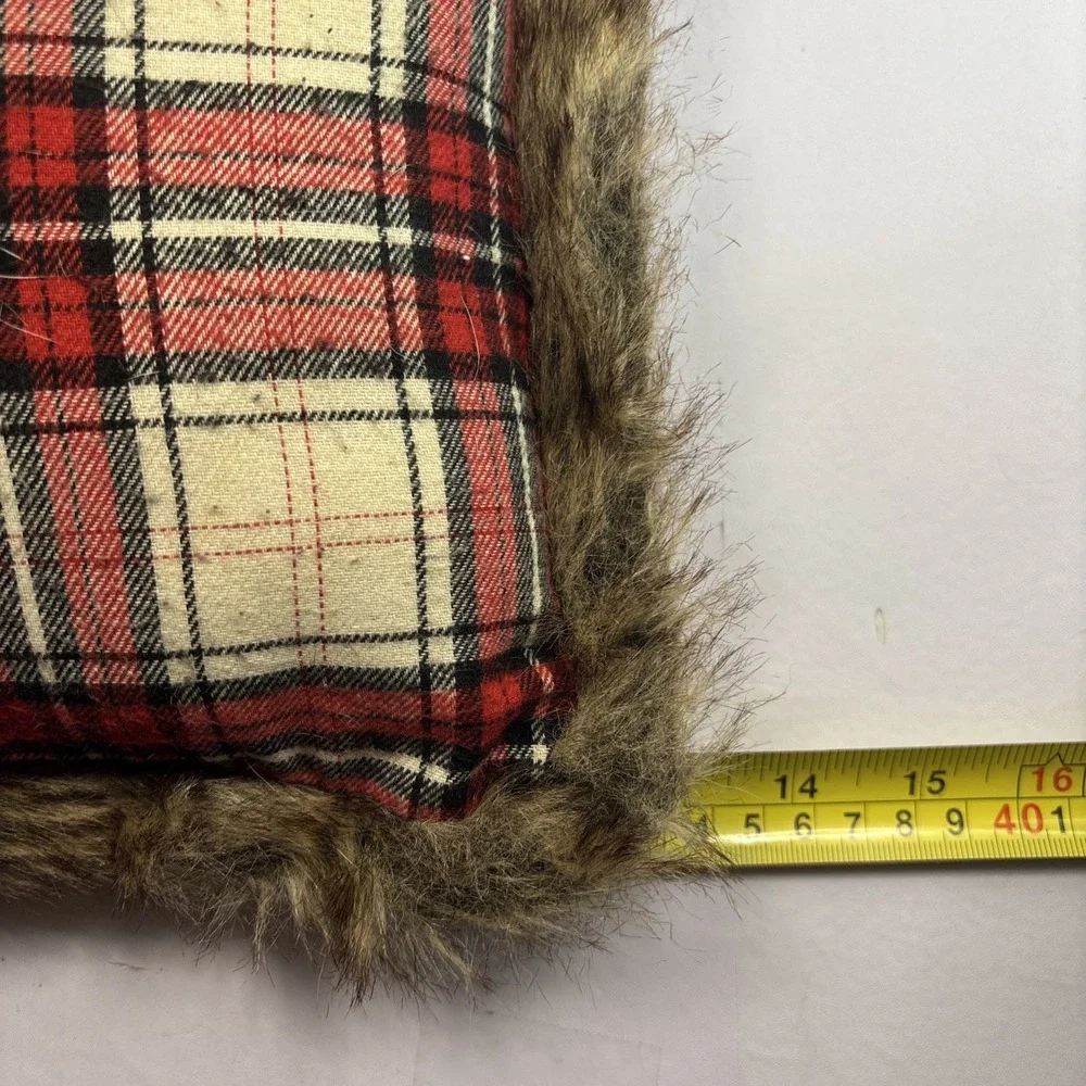 Pair Of Red Plaid Flannel Christmas Accent Pillow Faux Reindeer & Faux Fur 13